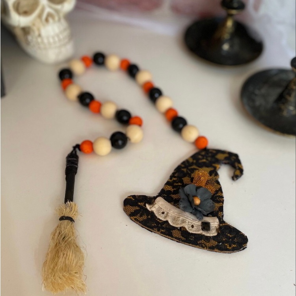 Whimsical gothic ( whimsigoth)  witch hat wood bead strand.
